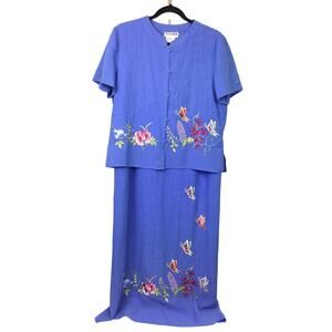 Plaza South Vintage Floral Butterfly Embroidered Linen Blue Shift Dress Set 12
